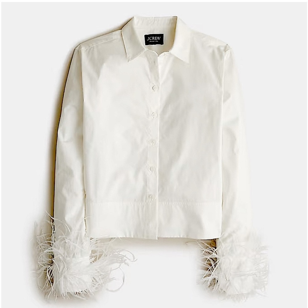 NWT J CREW collared cropped white feather trim button down shirt